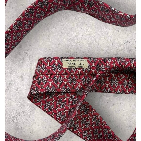 HERMÈS 7840 UA Silk Tie FRANCE Red Gray Chain W:3.6" EUC - Picture 3 of 6